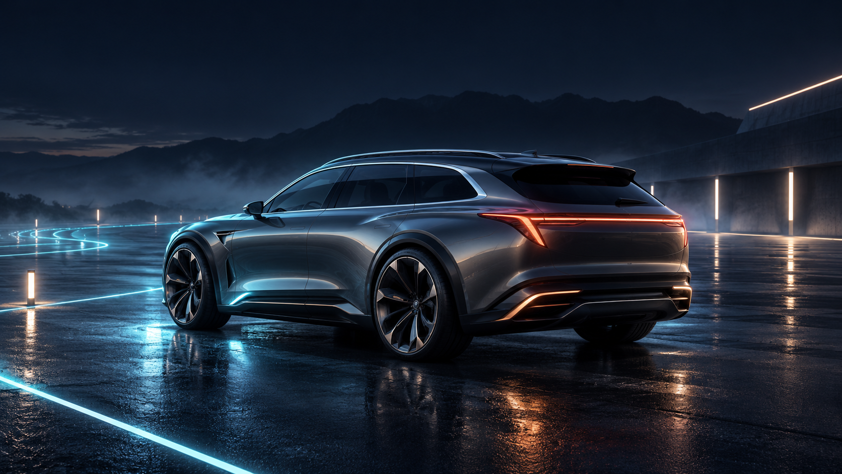 Abstract cyan and copper hybrid touring wagon artwork