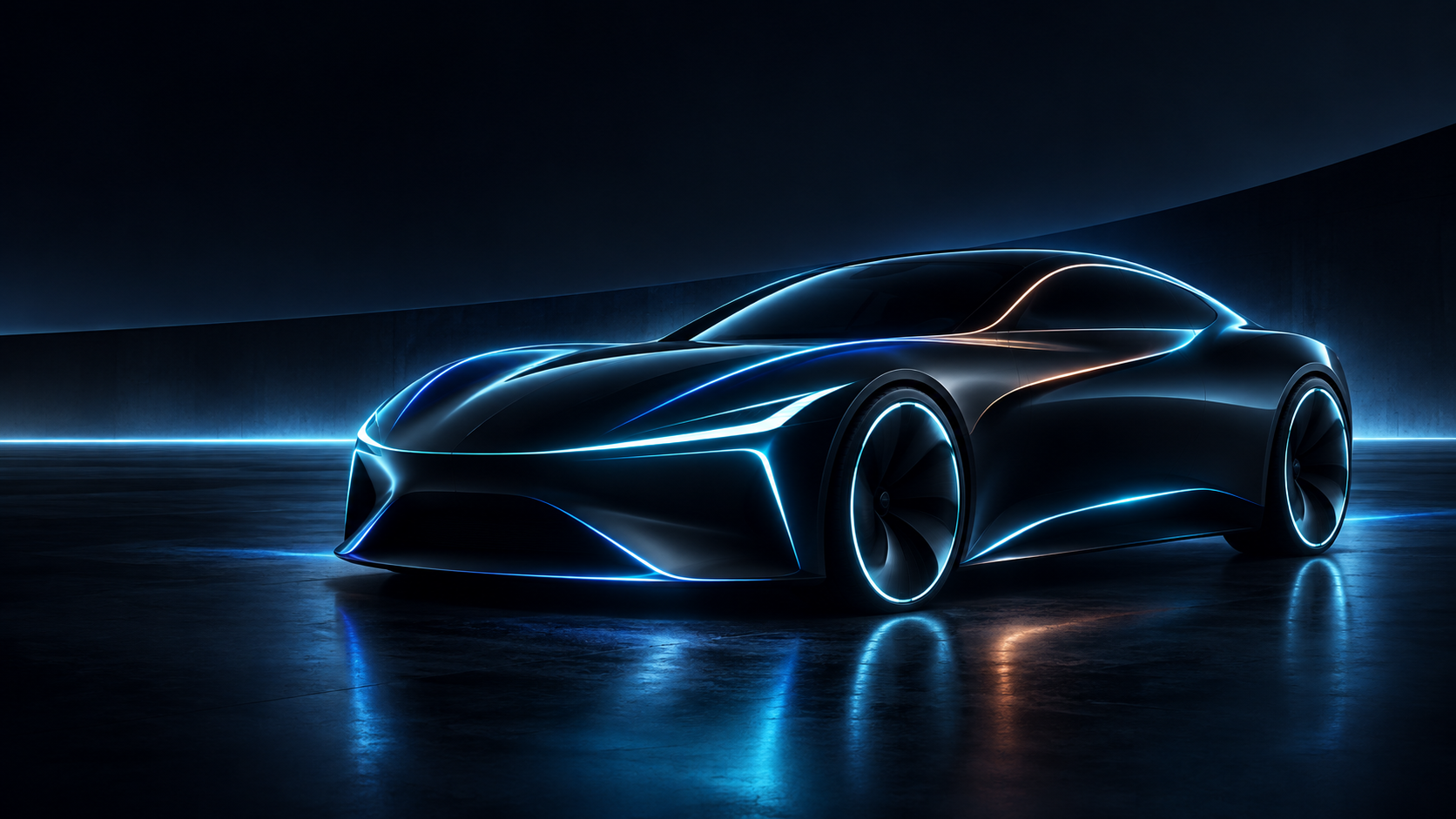 Abstract cobalt and copper electric grand tourer artwork