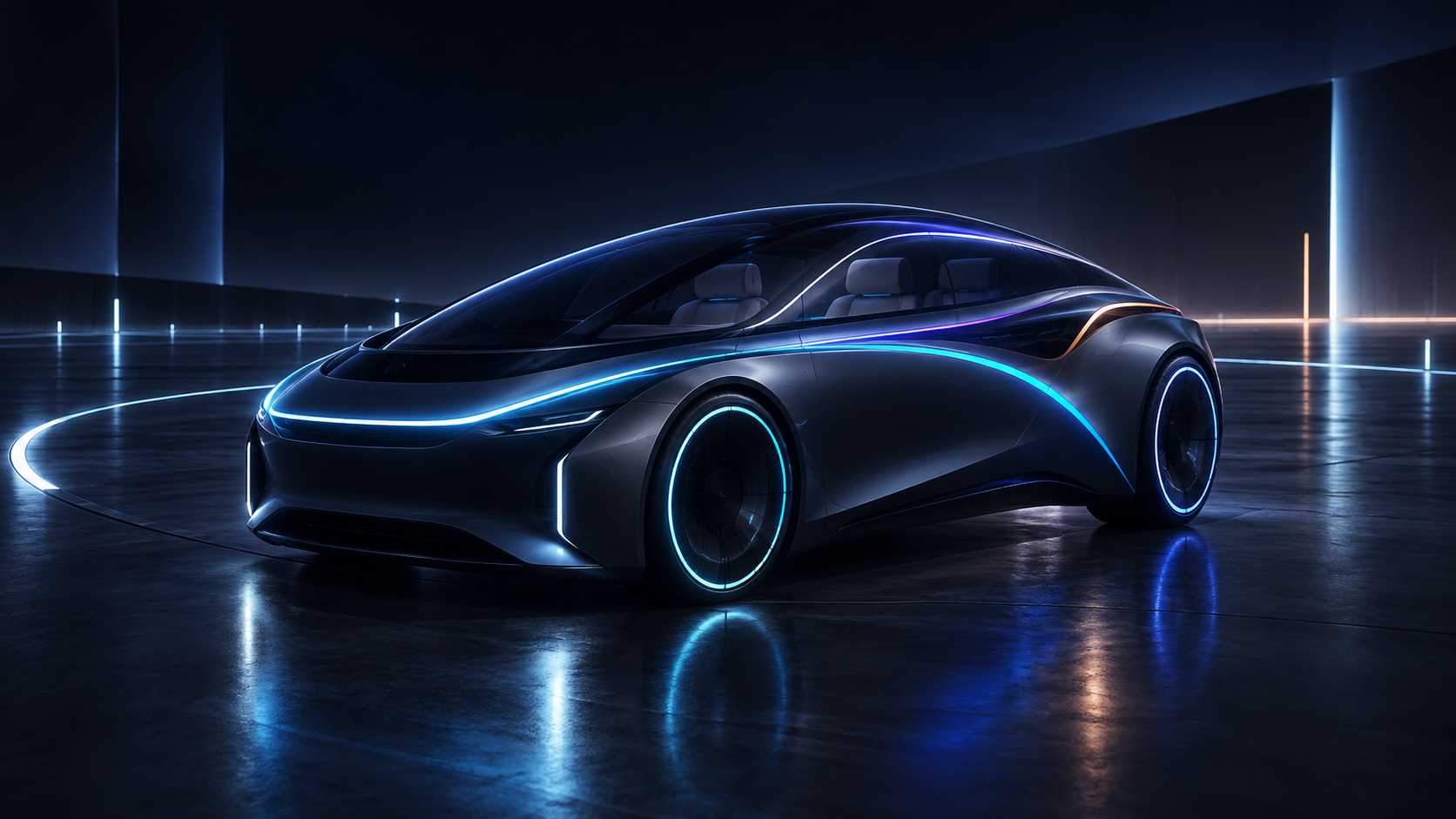 Abstract autonomous vehicle artwork in a dark test hall